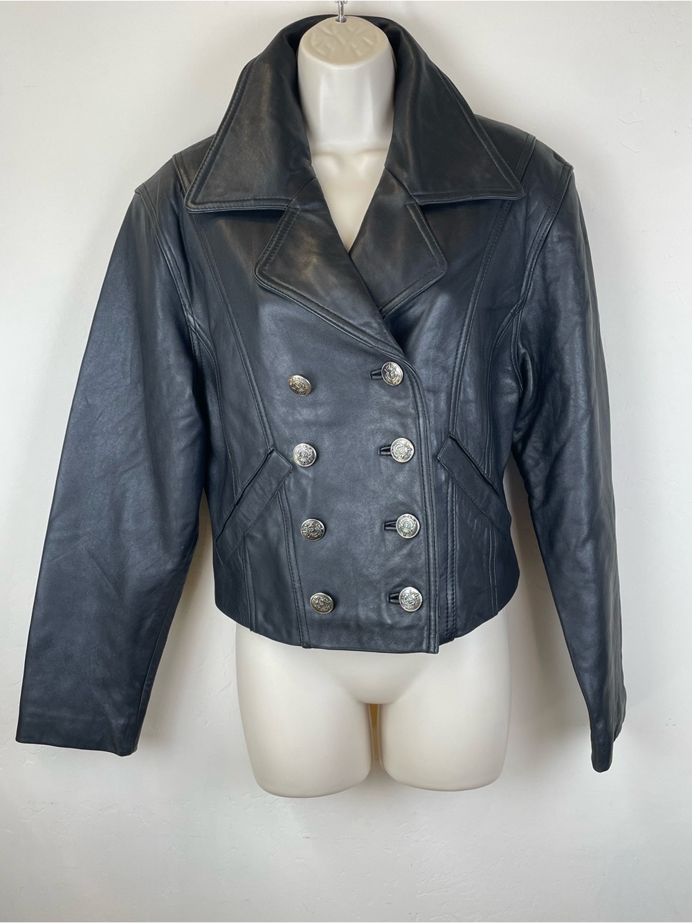Studio Classic Black Double-Breasted Leather Jacket for Women
